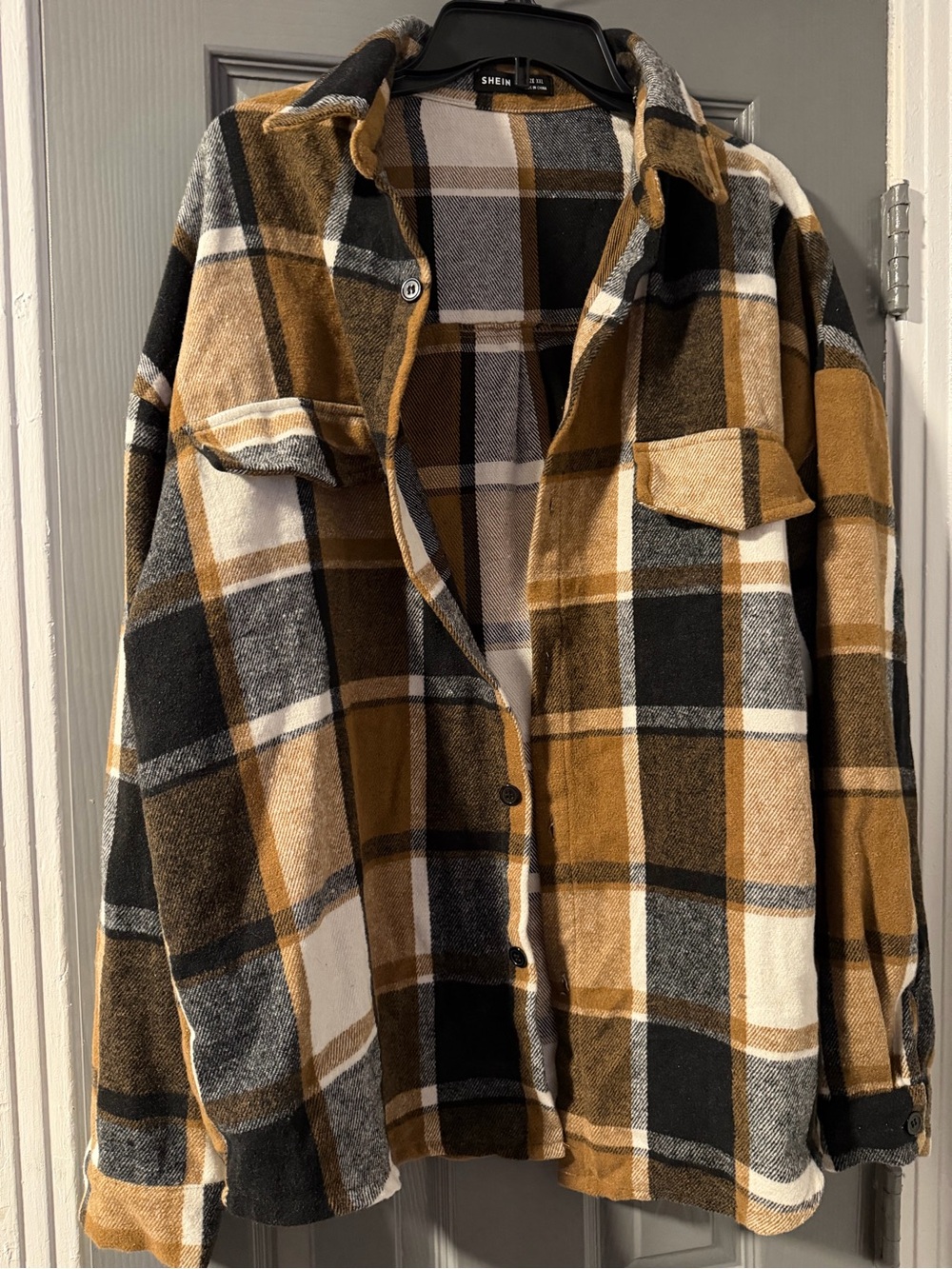 SHEIN Black Mustard Plaid Button-Front Shirt Jacket